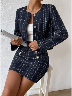 Frenchy Plaid Pattern Tweed Jacket & Skirt