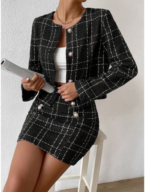 SHEIN Frenchy Plaid Pattern Tweed Jacket & Skirt