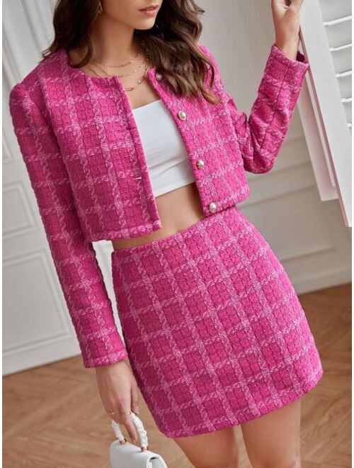 SHEIN Frenchy Plaid Crop Overcoat & High Waist Tweed Skirt