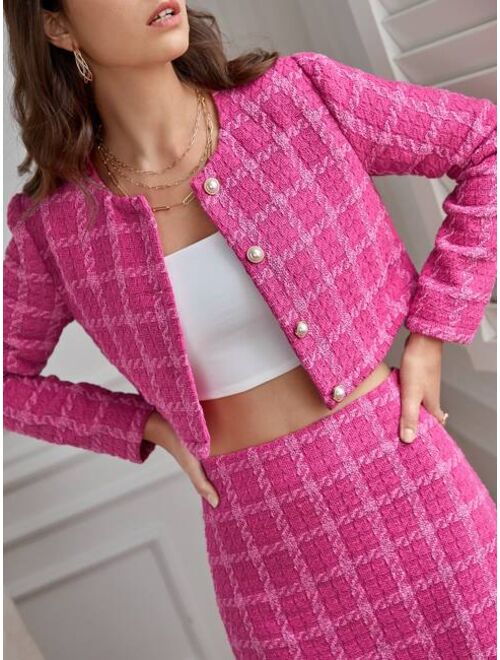 SHEIN Frenchy Plaid Crop Overcoat & High Waist Tweed Skirt