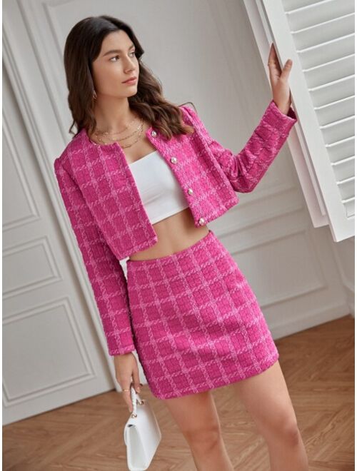 SHEIN Frenchy Plaid Crop Overcoat & High Waist Tweed Skirt