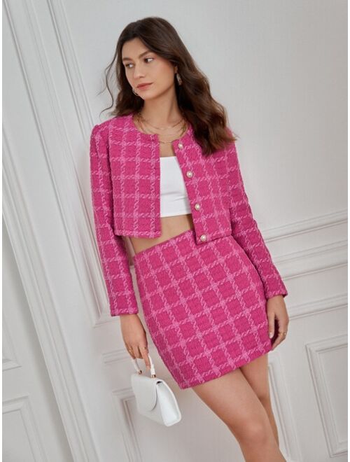 SHEIN Frenchy Plaid Crop Overcoat & High Waist Tweed Skirt