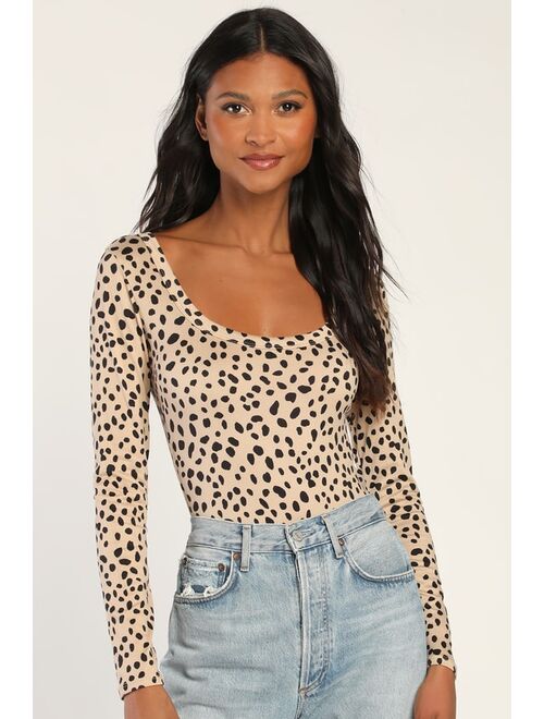 Lulus Basically Wild Tan Animal Print Long Sleeve Bodysuit