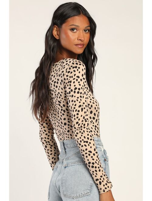 Lulus Basically Wild Tan Animal Print Long Sleeve Bodysuit