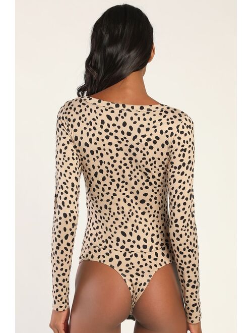 Lulus Basically Wild Tan Animal Print Long Sleeve Bodysuit