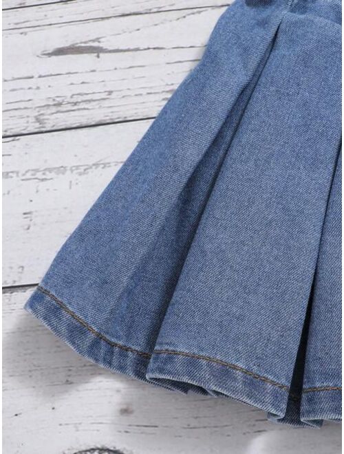 SHEIN Young Girl Solid Pleated Denim Skirt