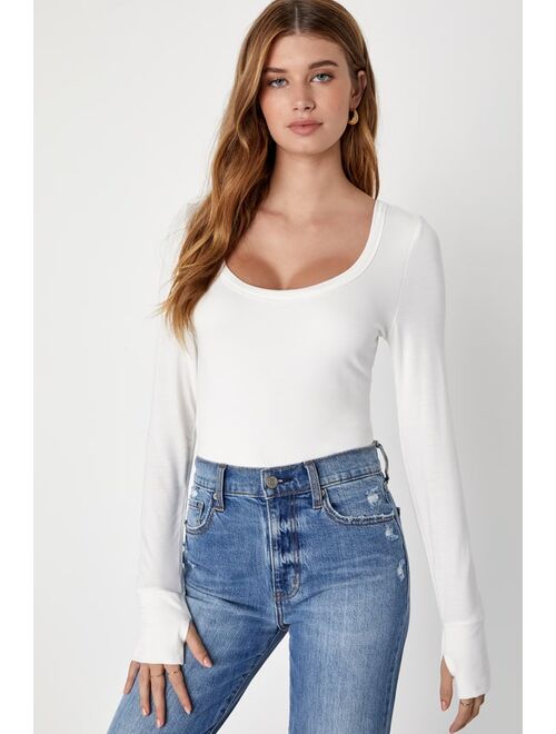 Lulus Versatile Vision White Scoop Neck Long Sleeve Bodysuit