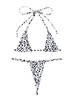 Women's Dalmatian All Over Print Halter Micro Triangle Thong Bikini Swimsuit