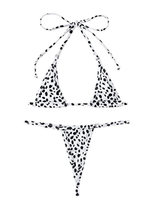 WDIRARA Women's Dalmatian All Over Print Halter Micro Triangle Thong Bikini Swimsuit