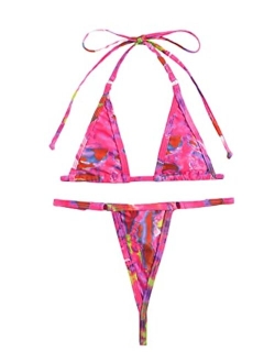 GORGLITTER Women's 2 Piece Micro Triangle Bikini Set Thong Allover Print Swimsuit Tie Back Halter Bathing Suit