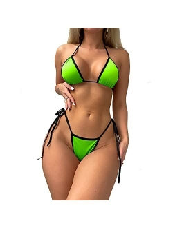 Generic Triangle Bikini Swimsuit Contrast Binding Micro Halter String with Thong Two Pieces Sexy Swimwear(S Size)