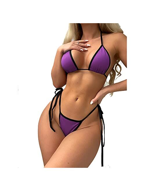 Generic Triangle Bikini Swimsuit Contrast Binding Micro Halter String with Thong Two Pieces Sexy Swimwear(S Size)