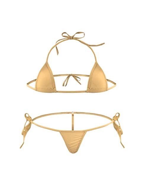 JEERLEEP Women Sexy Halter Neck Swimsuit Small Bar with Adjustable G-String Throng Micro Mini Bikini Set 2 Pieces