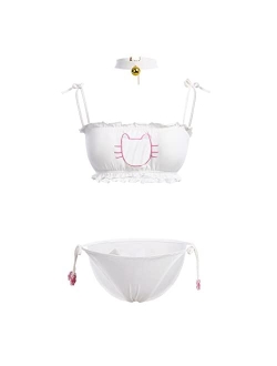 ABAFIP Womens Cute Kawaii Anime Cat Kitten Lingerie Set Micro Bikini Strappy Tiny Bra Mini Panty Extreme Swimsuit