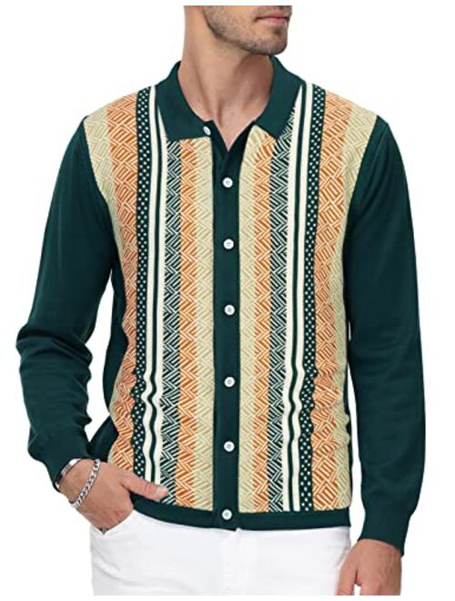 PJ PAUL JONES Men's Vintage Stripe Polo Shirt Casual Long Sleeve Button Knit Shirt