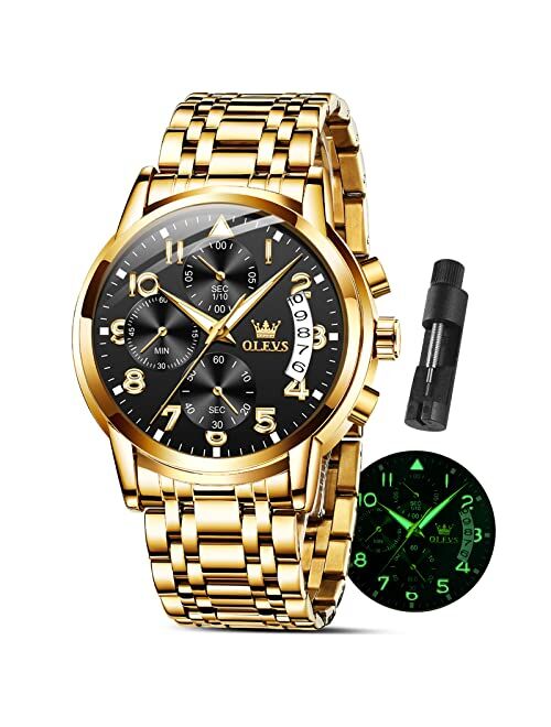 OLEVS Watches for Men with Date Luxury Big Face Waterproof Mens Wristwatch Analog Dress Two Tone Stainless Steel Man Watch Luminous Relojes De Hombre Calendar(Green/Blue/