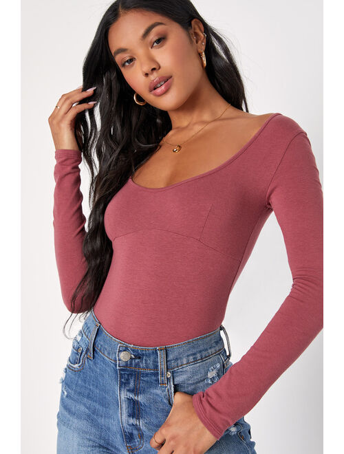 Lulus Compelling Charm Mauve Scoop Neck Long Sleeve Bodysuit