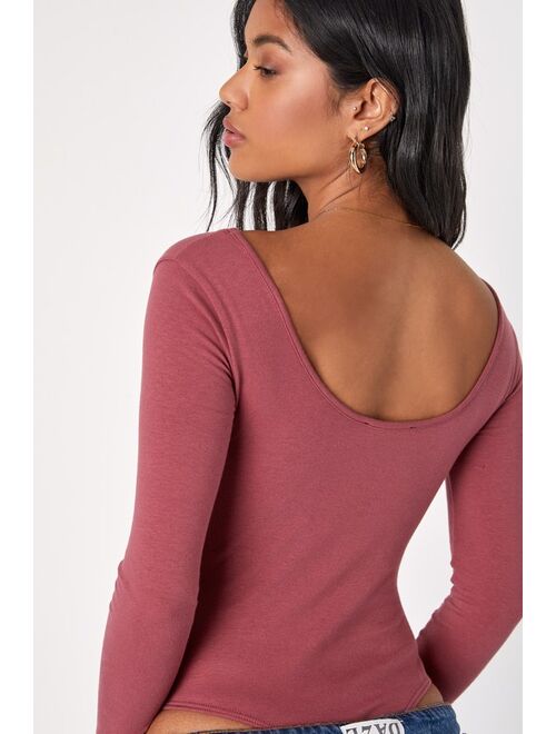 Lulus Compelling Charm Mauve Scoop Neck Long Sleeve Bodysuit