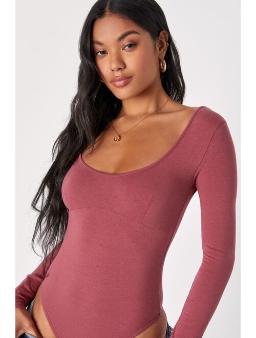 Lulus Compelling Charm Mauve Scoop Neck Long Sleeve Bodysuit