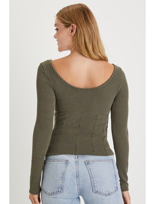 Lulus Flattering Find Olive Green Crinkle Ribbed Knit Long Sleeve Top