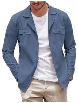 Men's Casual Shirt Jacket Cotton Linen Shacket Lightweight Work Coat Button Down Overshirt