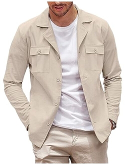 Men's Casual Shirt Jacket Cotton Linen Shacket Lightweight Work Coat Button Down Overshirt