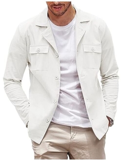 Men's Casual Shirt Jacket Cotton Linen Shacket Lightweight Work Coat Button Down Overshirt