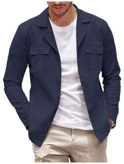 Men's Casual Shirt Jacket Cotton Linen Shacket Lightweight Work Coat Button Down Overshirt