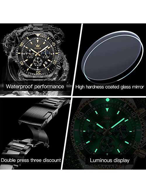 OLEVS Men Watch,Big Dial Watches for Men Stainless Steel Watch with Day Waterproof Analog Quartz Watches for Man Classic Business Wristwatch Luxury Luminous Round for Men