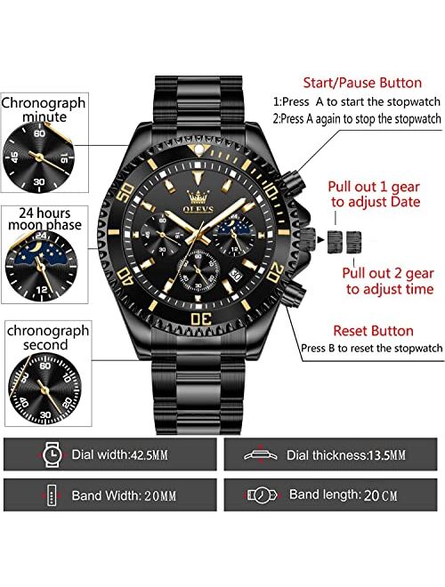 OLEVS Men Watch,Big Dial Watches for Men Stainless Steel Watch with Day Waterproof Analog Quartz Watches for Man Classic Business Wristwatch Luxury Luminous Round for Men