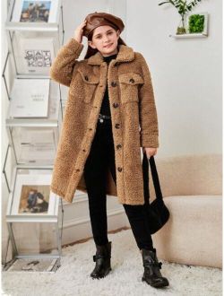 Tween Girl Flap Pocket Drop Shoulder Teddy Coat