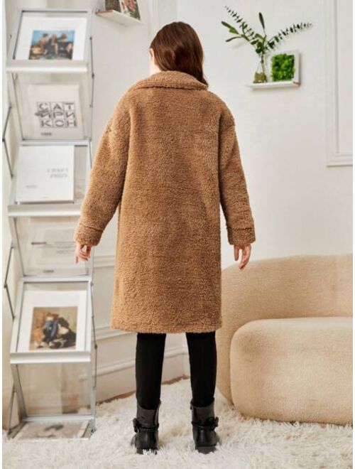 SHEIN Tween Girl Flap Pocket Drop Shoulder Teddy Coat