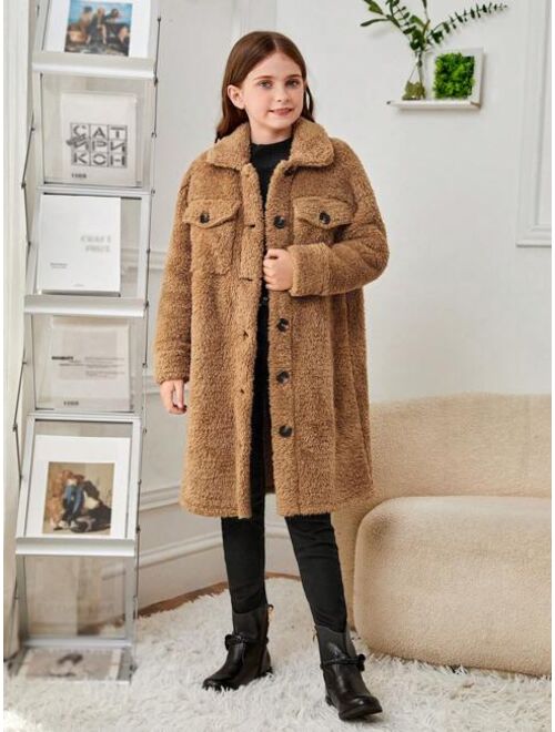 SHEIN Tween Girl Flap Pocket Drop Shoulder Teddy Coat