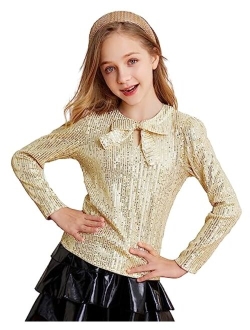 Girls Sparkly Sequin Tops Long Sleeve Crew Neck Glitter Blouse Shirt with Fixed Bowknot for Party