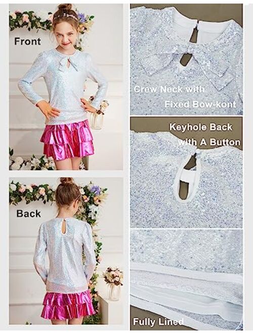 GRACE KARIN Girls Sparkly Sequin Tops Long Sleeve Crew Neck Glitter Blouse Shirt with Fixed Bowknot for Party