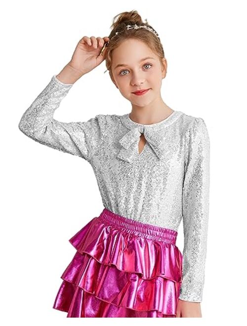 GRACE KARIN Girls Sparkly Sequin Tops Long Sleeve Crew Neck Glitter Blouse Shirt with Fixed Bowknot for Party