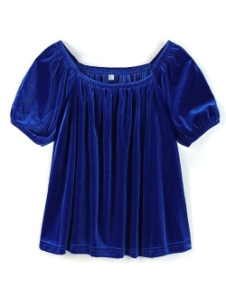 Aimehonpe Girls Velvet Tops Fall Fashion Puff Short Sleeve Square Neck Vintage Plain Casual Elegant Ruched Tees