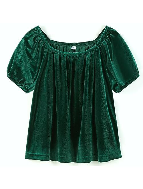 Aimehonpe Girls Velvet Tops Fall Fashion Puff Short Sleeve Square Neck Vintage Plain Casual Elegant Ruched Tees