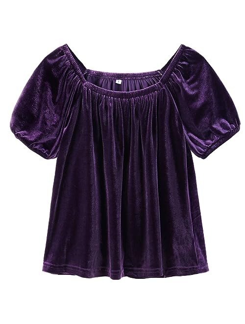 Aimehonpe Girls Velvet Tops Fall Fashion Puff Short Sleeve Square Neck Vintage Plain Casual Elegant Ruched Tees