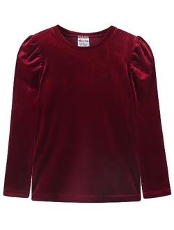 Noomelfish Girls Velvet Puff Long Sleeve Shirt Casual Solid Pleated Blouse Tops (5-12 Years)