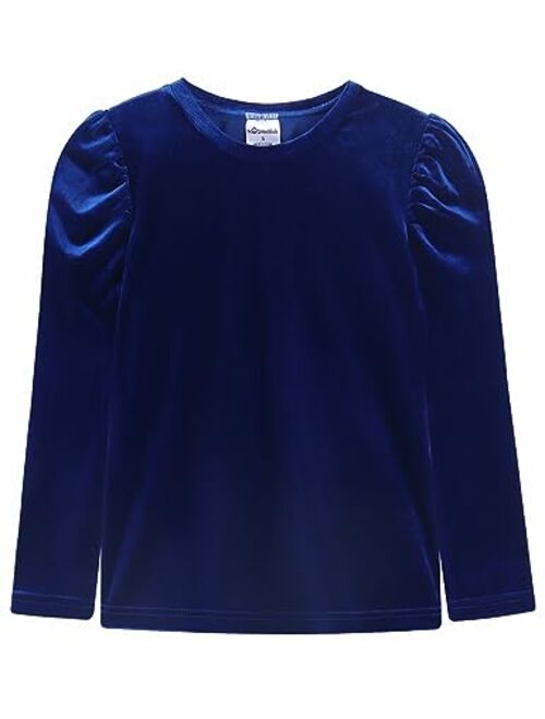 Noomelfish Girls Velvet Puff Long Sleeve Shirt Casual Solid Pleated Blouse Tops (5-12 Years)