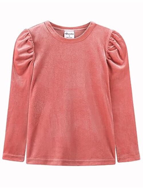 Noomelfish Girls Velvet Puff Long Sleeve Shirt Casual Solid Pleated Blouse Tops (5-12 Years)