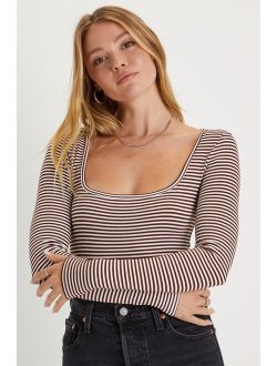 Cutest Personality White and Brown Striped Scoop Neck Bodysuit