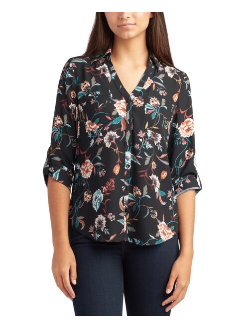 BCX Juniors' Printed Collared V-Neck Blouse