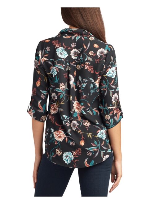 BCX Juniors' Printed Collared V-Neck Blouse