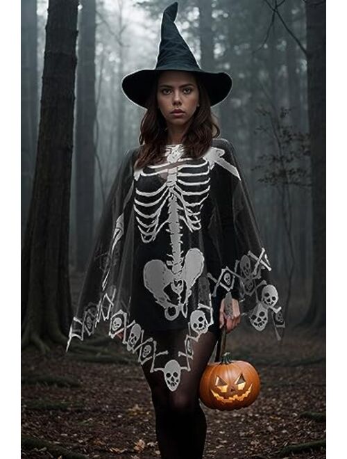 Generic Halloween Skeleton Poncho for Women, Lace Skeleton Costume Halloween Poncho with Masquerade Mask