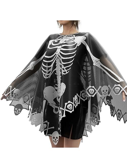 Generic Halloween Skeleton Poncho for Women, Lace Skeleton Costume Halloween Poncho with Masquerade Mask