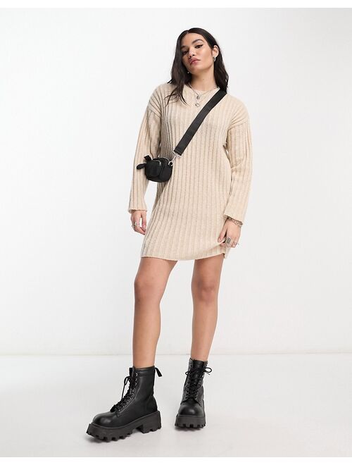 ASOS DESIGN knitted mini sweater dress in rib in oatmeal