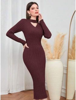 Modely Choker Neck Cable Knit Bodycon Sweater Dress