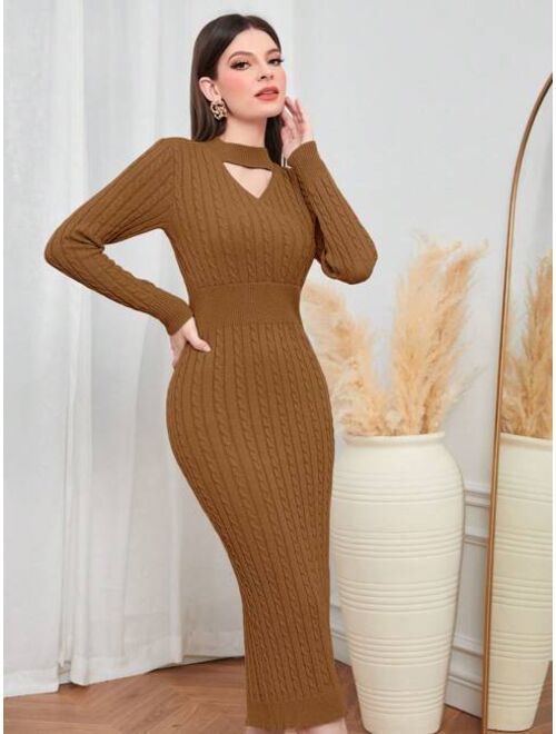 SHEIN Modely Choker Neck Cable Knit Bodycon Sweater Dress